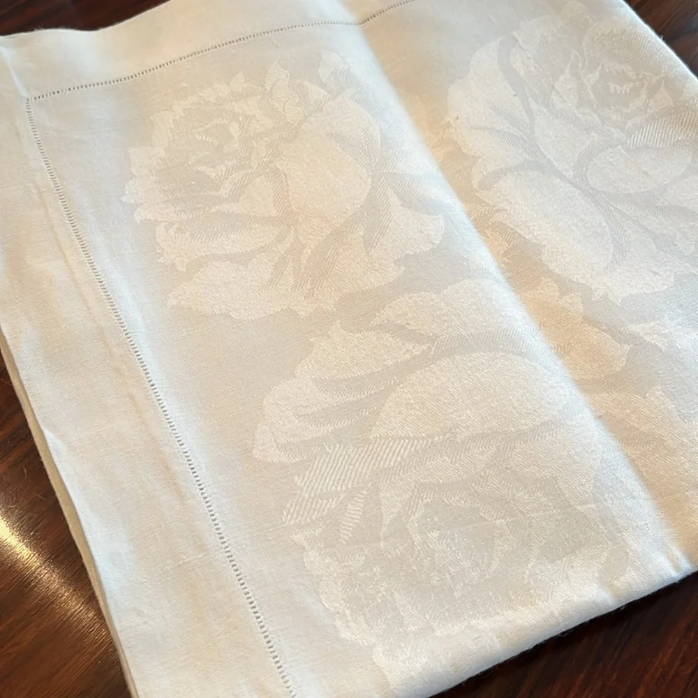 Vintage never used Elegant Cream linen damask Floral Tablecloth